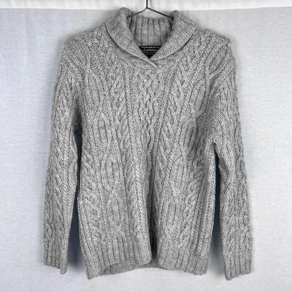 Lauren Ralph Lauren Sweater Wool Cable Knit Handknit Shawl Heritage Chunky Cozy